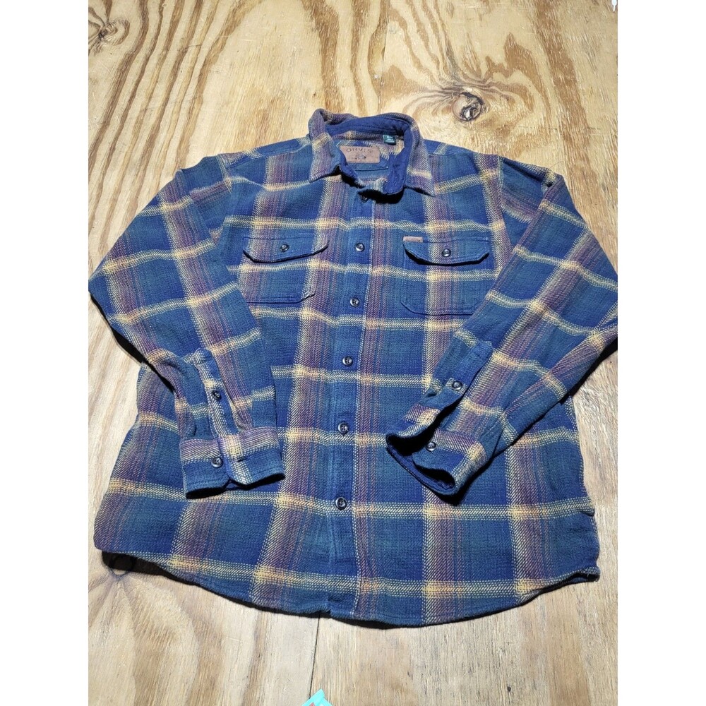 Orvis Men XL Blue Tan Plaid Flannel Button-down Double Pockets Heavy Cotton @K8b